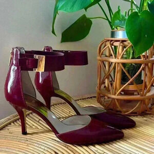 Burgundy patent Leather stilletto pump with ankle strap